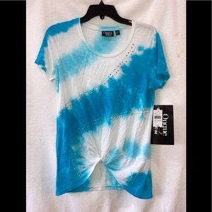 NWT Turquoise and white short sleeve fashion top with metallic bling accents